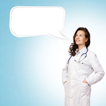 young woman doctor says cloud over his head, place for text