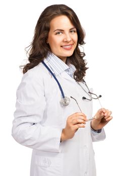 woman doctor holding glasses and smiling, isolated on white background