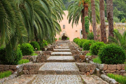 Straight garden walkway with cobblestones and gentle steps leading between two rows of palm trees to a wall with a small fountain