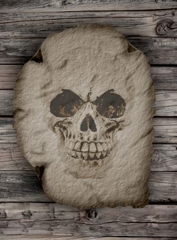an human skull on an old papyrus with a wooden background