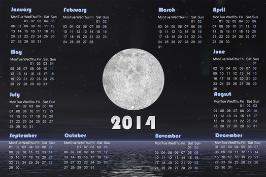 2014 english calendar with beautiful full moon by dark night, stars and comets over the ocean