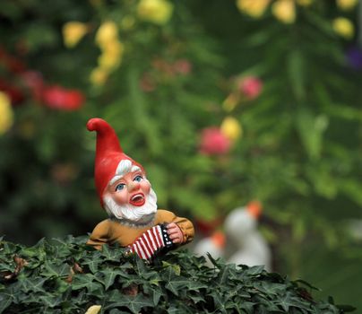 Small typical garden dwarf or gnome and american flag on a bush