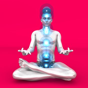 A woman performing a full chakra meditation. 3D rendered illustration. 