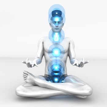 A woman performing a full chakra meditation. 3D rendered illustration. 