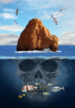 composition of a mystery island with water, birds,fish and a skull underwater