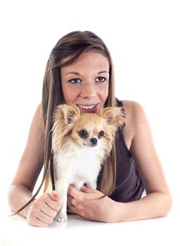 young woman and her chihuahua in front of white background