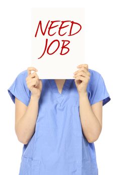 A woman in medical scrubs looking for a job