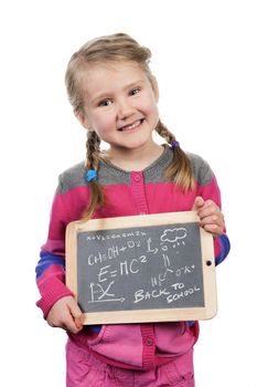 girl holding a slate on white background