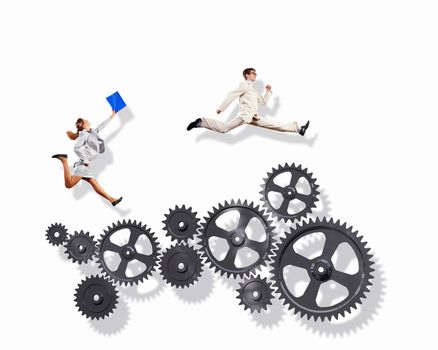 Businessman and businesswoman with cog wheel elements. Organization concept