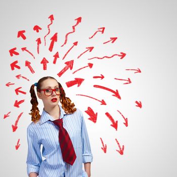 Funny girl in red glasses. Communication concept