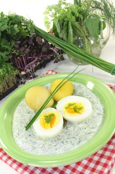 Frankfurt green sauce with halved boiled eggs