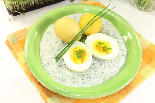 Frankfurt green sauce with halved boiled eggs