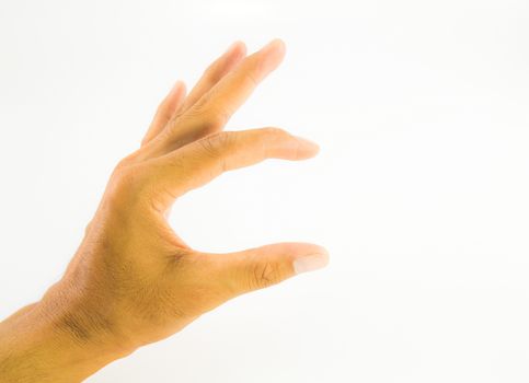 Hand measuring invisible items. Isolated on white background