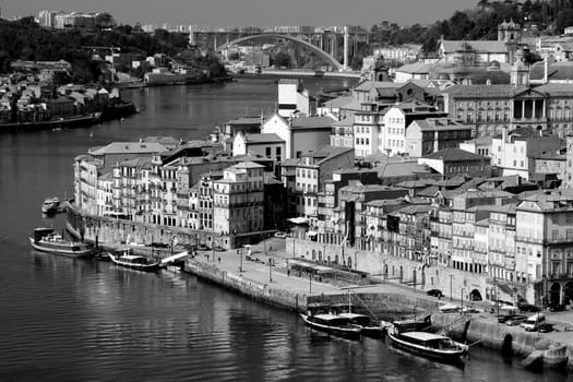 Portugal. Porto city. View of Douro river embankment in the morning  in black and white