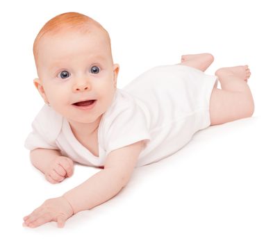 Cute Baby Girl Lying on Front on White Background