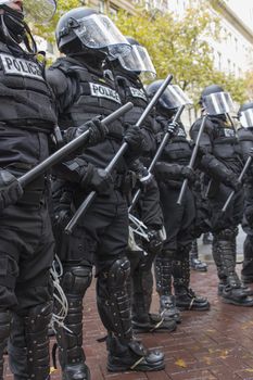 PORTLAND, OREGON - NOV 17: Police in Riot Gear Frontline in Downtown Portland, Oregon during a Occupy Portland protest on the first anniversary of Occupy Wall Street November 17, 2011