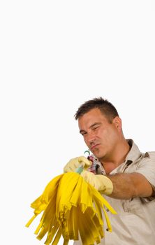 Guy pointing at camera with his yellow mop