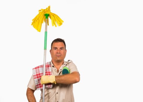 Househusband at attention with his assortment of cleaning products