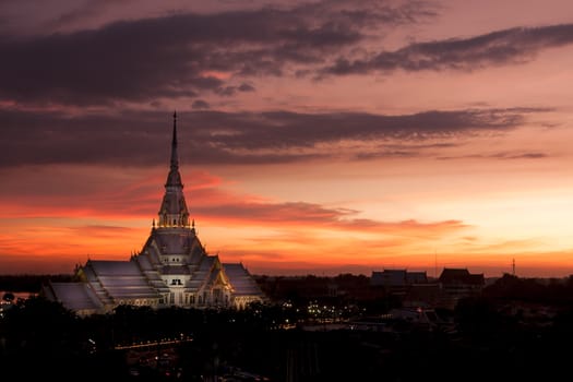 Twilight view of Sothorn Wararam Woraviharn temple, Chachoengsao province, Thailand.
