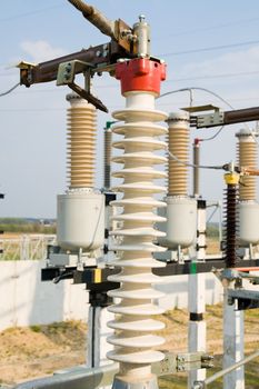 view to high-voltage substation with switches and disconnectors