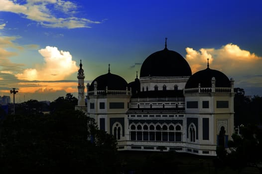Medan's Great Mosque at Night. North Sumatra, Indonesia. 