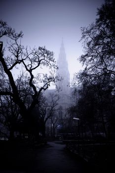 Tree in front of the city hall building of Vienna, Austria