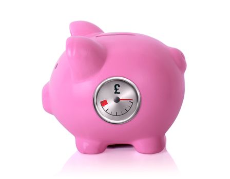 an isolated pink piggy bank with gauge on white background