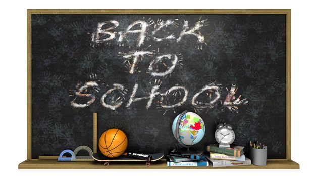 Back to school poster with text on chalkboard,sports and education elements