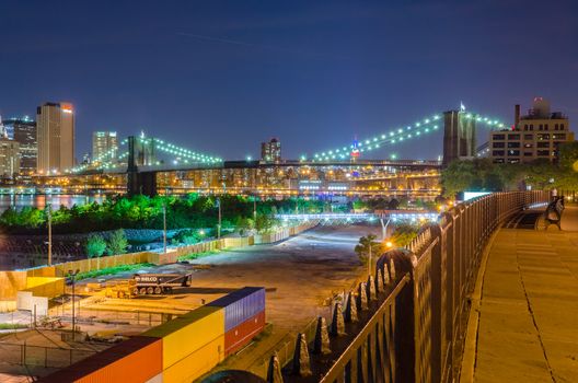 Manhattan Skyline and Brooklyn Bridge at Night, as seen from Brooklyn Heights Promenade