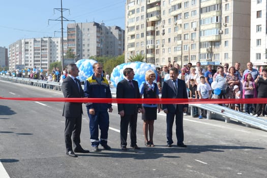 The governor of the Tyumen region Vladimir Yakushev at official opening of a new traffic intersection on Melnikayte St., Tyumen. 22.08.2013