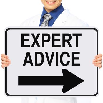 A medical person holding a modified one way sign indicating Expert Advice