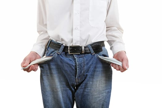 Man in Jeans shows his Empty Pockets Closeup Isolated on the White Background