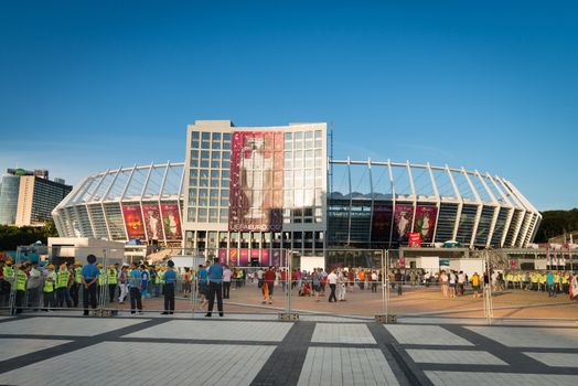 KIEV, UKRAINE - JUL 1: Olympic stadium entrance with security check point before EURO 2012 final match Spain vs. Italy on July 1, 2012 in Kiev, Ukraine