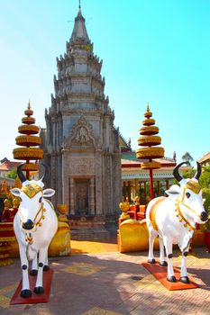 Statues of holy cows in the garden of Prea Prom Rath Wat temple in Siem Reap, Cambodia