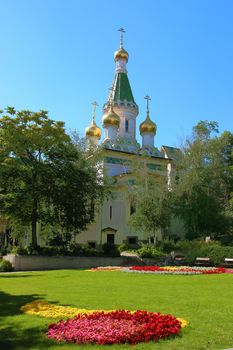 The richly decorated Russian Christian-orthodox church in Sofia, Bulgaria.