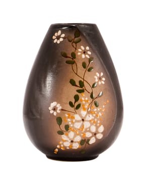 brown handmade crockery clay vase with flower paintings isolated on white background.