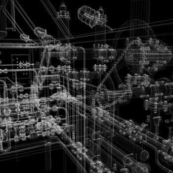 Industrial equipment. Wire-frame render isolated on a black background