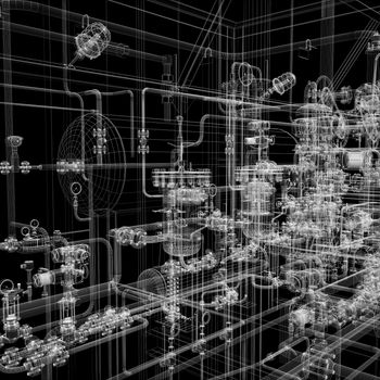 Industrial equipment. Wire-frame render isolated on a black background