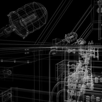 Industrial equipment. Wire-frame render isolated on a black background