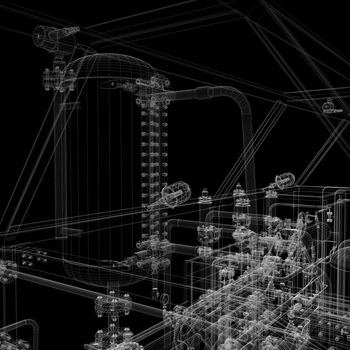 Industrial equipment. Wire-frame render isolated on a black background