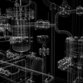 Industrial equipment. Wire-frame render isolated on a black background