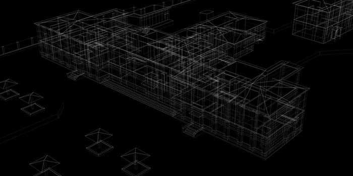 Abstract archticture. Wire-frame render on black background