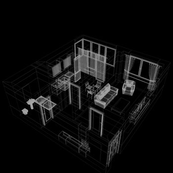 layout of the apartment. Wire-frame render on black background