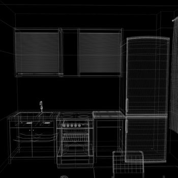 layout of the apartment. Wire-frame render on black background