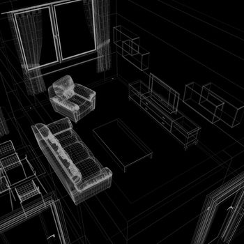 layout of the apartment. Wire-frame render on black background