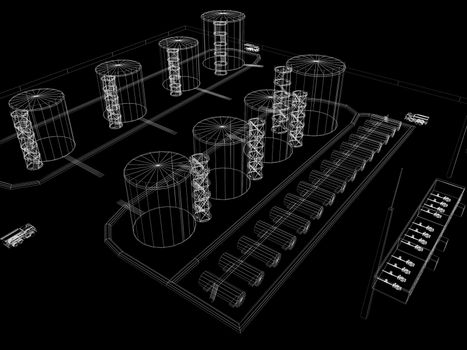 Industrial abstract architecture. Wire-frame isolated render on black background