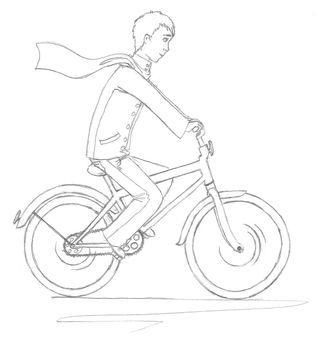 A young man on a bicycle. Scanned sketch in pencil