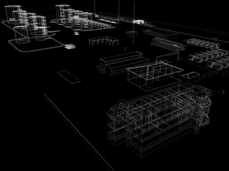 Industrial abstract architecture. Wire-frame isolated render on black background