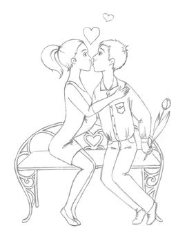 Loving couple kissing on a bench. Scanned sketch in pencil