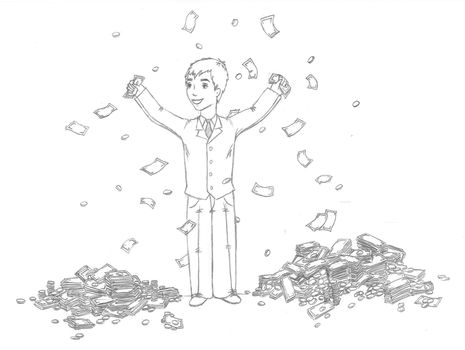 Businessman and a pile of money. Scanned sketch in pencil